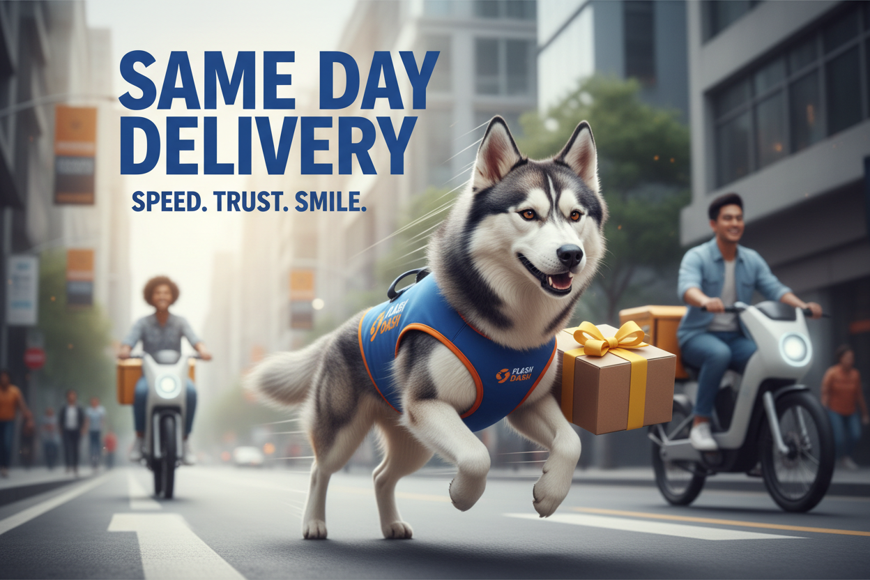 same day delivery ad with husky